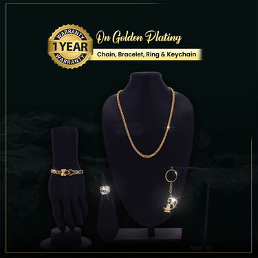 Men's Golden Watch + Chain + Damru Trishul & Rudraksh Bracelet + Ring + Om Keychain (MGWCBRK1)