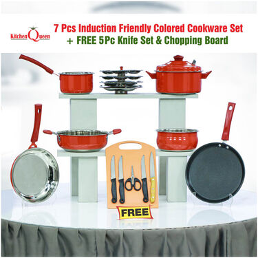 7 Pcs Cookware Set + Knife Set & Chopping Board (RED)