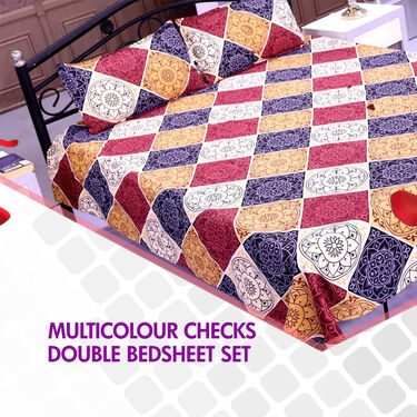 Multicolour Checks Double Bed Sheet Set (DBS10)