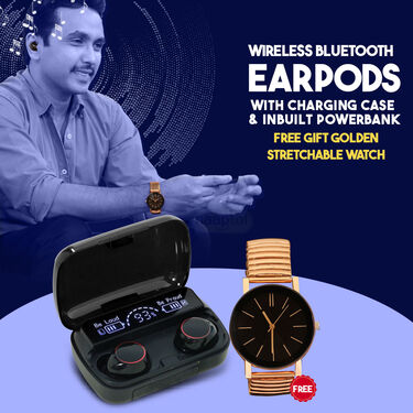 Wireless Earpods with Charging Case & Inbuilt Powerbank M10 with Free Golden Stretchable Watch (TWS13A)